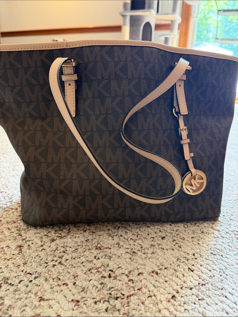 Michael Kors Brown Monogram Tote with Beige Trim and Gold Charm